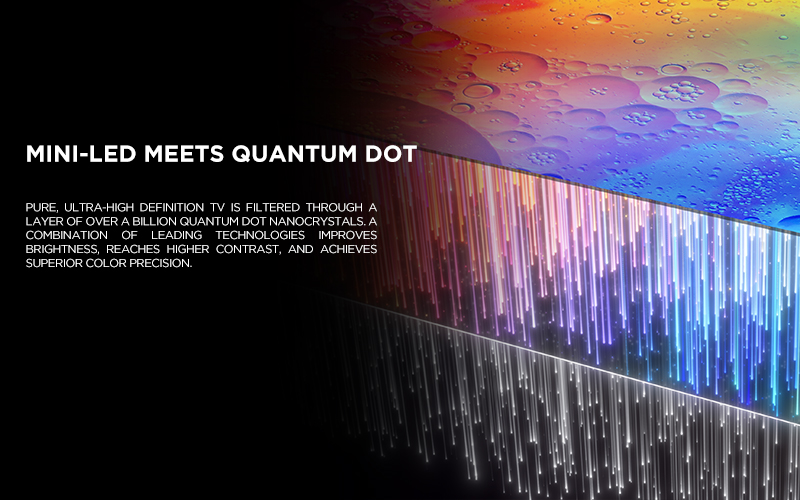 MINI-LED MEETS QUANTUM DOT - Pure, ultra-high definition TV is filtered through a layer of over a billion Quantum Dot nanocrystals. A combination of leading technologies improves brightness, reaches higher contrast, and achieves superior color precision.
